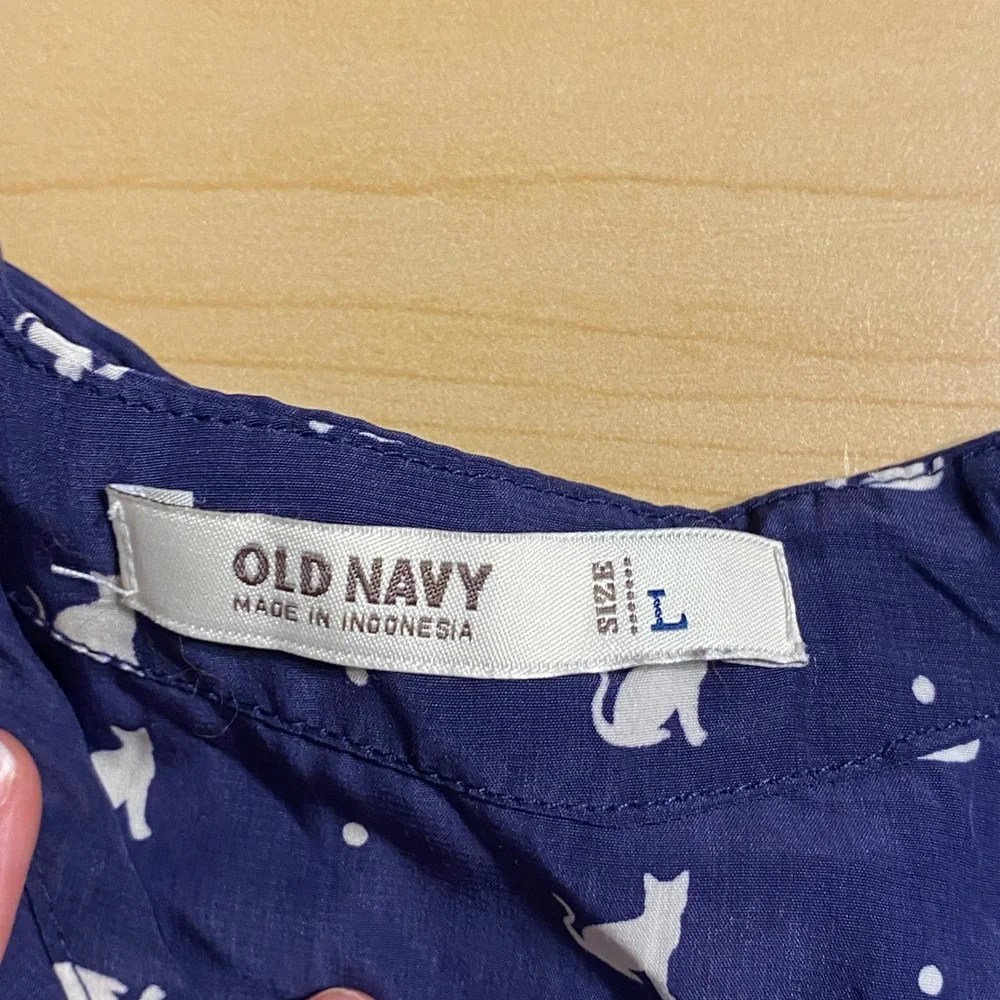 Old Navy CAT Print Puff Sleeve Bow Back Blouse Navy White Large